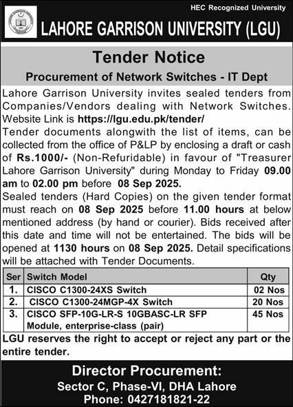 Lahore Garrison University Tender Notice